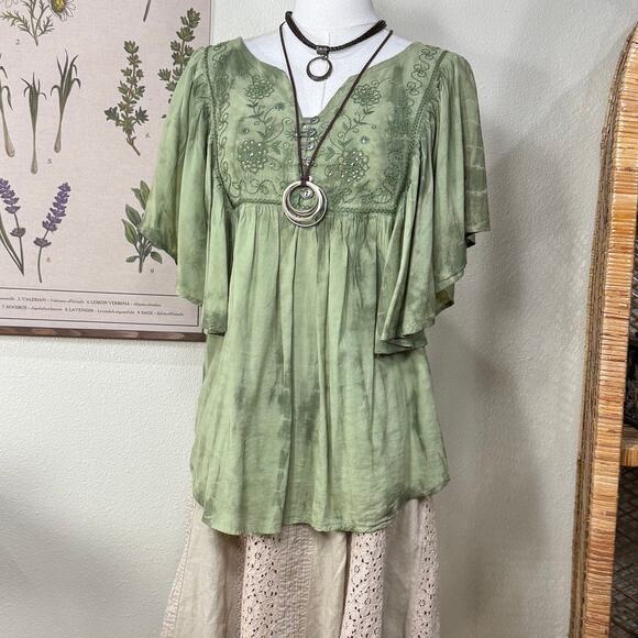 Y2k Green Floral Embroidered Butterfly Sleeve Top Fairy Grunge Boho Hippie S - Picture 1 of 8